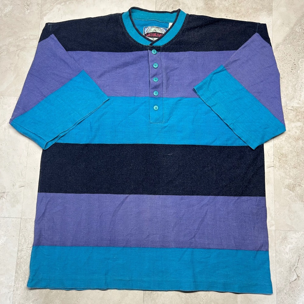 Saturdays Vintage Henley Shirt Men XL Colorblock Striped Purple Teal Retro 90s